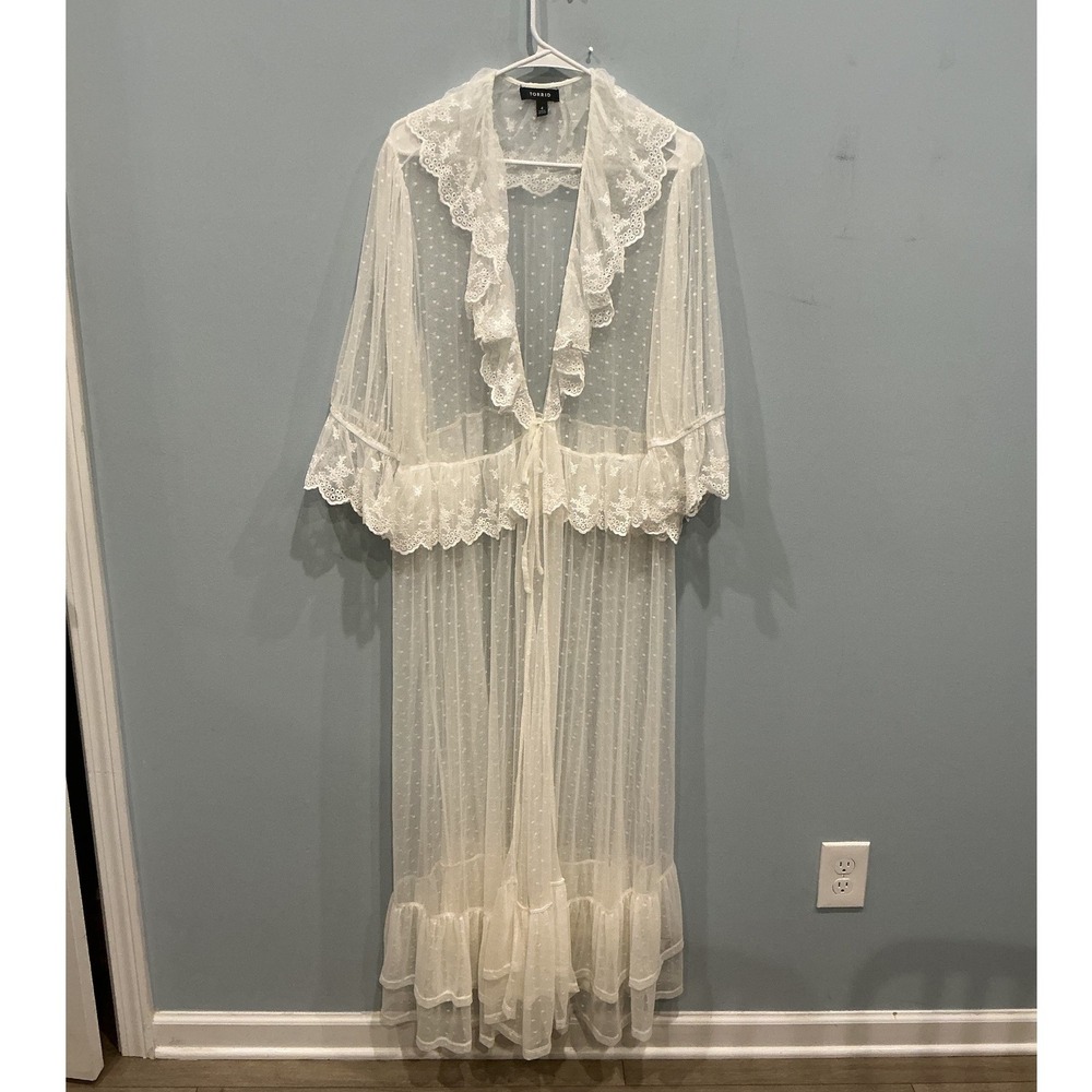 Torrid Womens Lace Ruffle Kimono Duster 4 White Angelcore Romantic Regency Boho